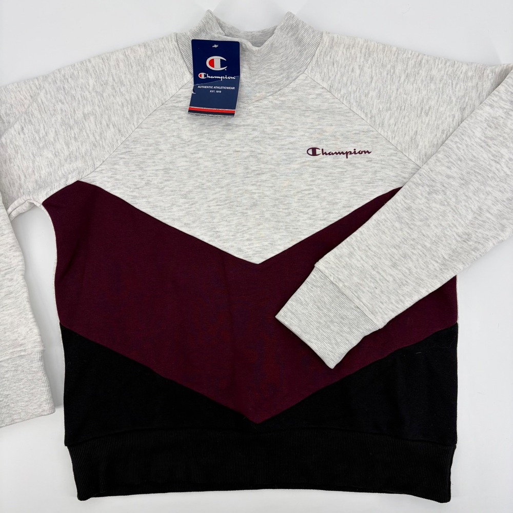 Champion Sweatshirt Women Medium Silver Grey Burgundy Colorblock Mock Neck MJ437